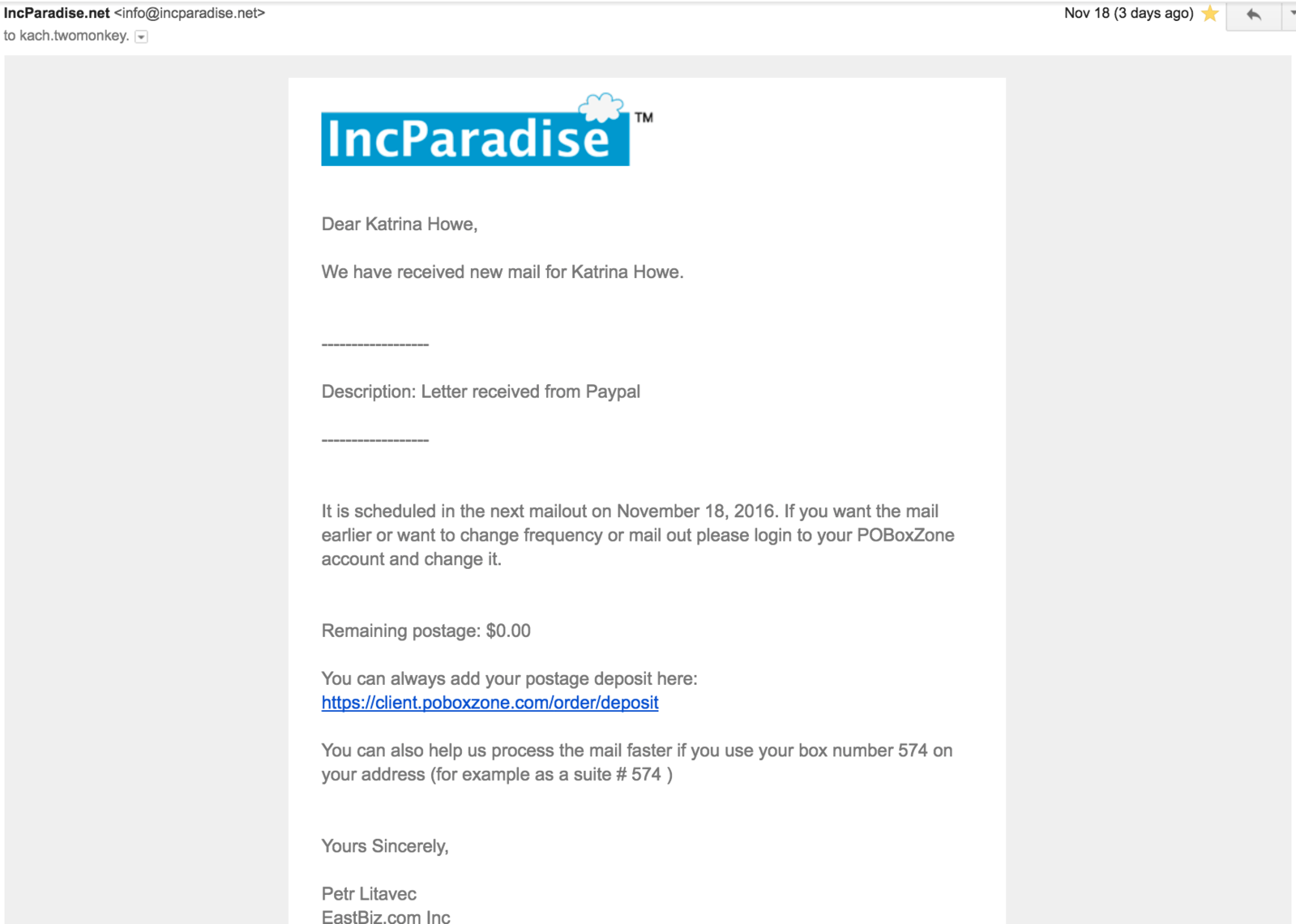 When you receive new mail, you'll be sent an email from their team notifying you and giving you options on how to proceed.